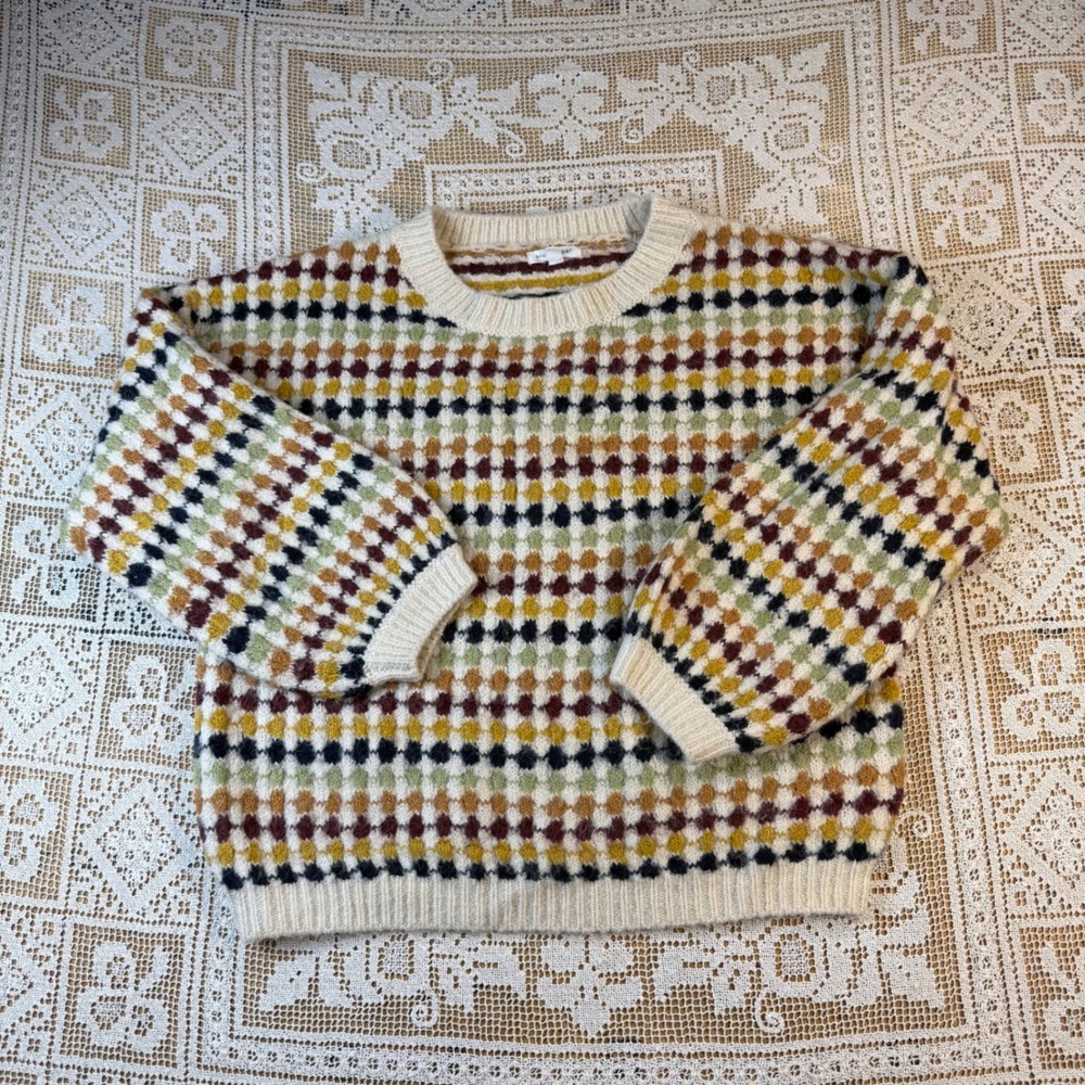 Blu Pepper Mustard Geometric Diamond Knit Bubble Sleeve Sweater L Cozy Fall Knit